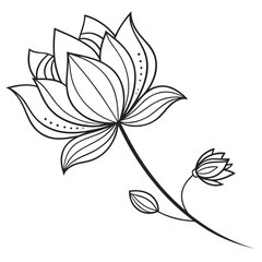 Fototapeta premium Elegant black and white line art illustration of a stylized lotus flower with buds and delicate petal details