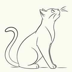 Elegant black line art drawing of a curious cat sitting and looking upwards with its tail curled elegantly on a light background