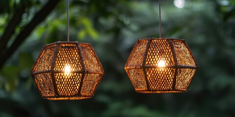 Two ornate, woven lanterns with glowing lights hanging from a tree in a lush, green outdoor setting.