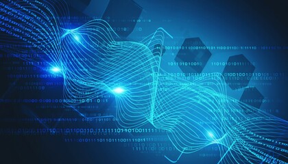 Digital binary code matrix background features glowing blue ones and zeros, futuristic lines, and abstract technology patterns symbolizing data flow and cybersecurity.