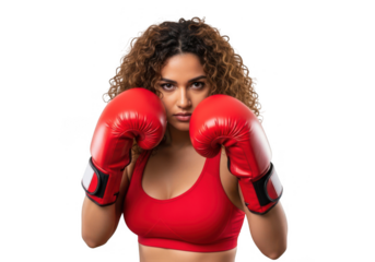 Strong confident woman boxer wearing red gloves ready for fight fitness training