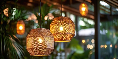 Two woven bamboo pendant lights hanging from a ceiling in a tropical-themed restaurant with greenery and warm lighting.