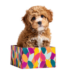 Adorable fluffy brown poodle puppy sitting inside a colorful patterned box isolated on transparent background