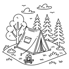Simple black and white line drawing of a camping scene with a tent campfire trees and clouds in a playful doodle style