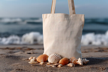 Stylish tote bag mock up on beach with seashells against ocean waves for summer vacation advertising campaign