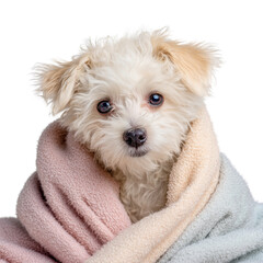 Adorable fluffy white puppy wrapped in a soft blanket looking at the camera isolated on transparent background