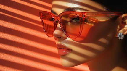 A woman wearing orange sunglasses with a striped shadow on an orange wall