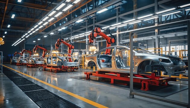 Automated robotic car assembly line working efficiently, constructing vehicle chassis with advanced robotics technology in a modern automotive manufacturing facility.