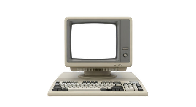 Vintage retro computer with CRT monitor and keyboard old technology device