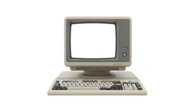 Vintage retro computer with CRT monitor and keyboard old technology device