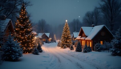 Night view of a small Christmas village beside a forest, warm red lights emanating from cozy cabins, starry sky with constellations, winter season.
