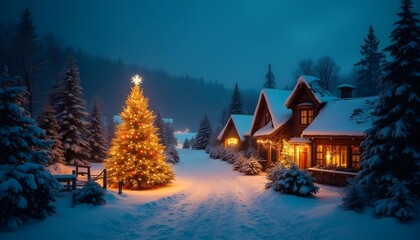 Night view of a small Christmas village beside a forest, warm red lights emanating from cozy cabins, starry sky with constellations, winter season.