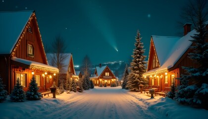 Night view of a small Christmas village beside a forest, warm red lights emanating from cozy cabins, starry sky with constellations, winter season.