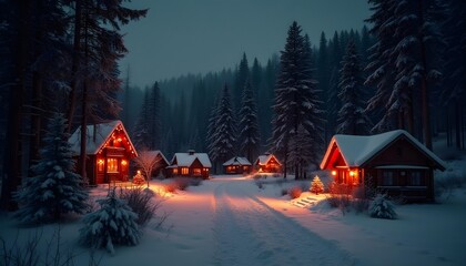Night view of a small Christmas village beside a forest, warm red lights emanating from cozy cabins, starry sky with constellations, winter season.