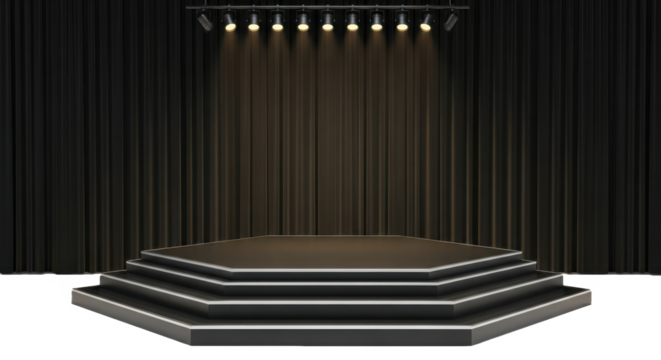Empty black stage with spotlight and curtains for performance presentation or award show background