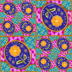 Vector abstract ethnic square background patchwork quilt pattern. Vintage decorative collage. Hand drawn background. Indian, Arabic, Turkish motifs for printing on fabric or paper. Abstract colorful 
