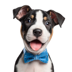 Adorable tricolor puppy dog wearing a sparkling blue bowtie looking happy and excited isolated on transparent background