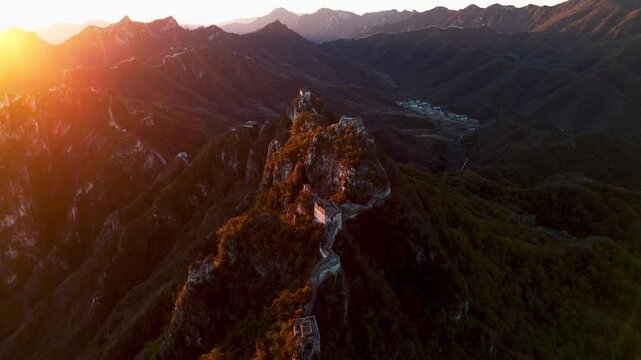 Aerial sunset view of the wild Jiankou section of Great Wall of China near Beijing