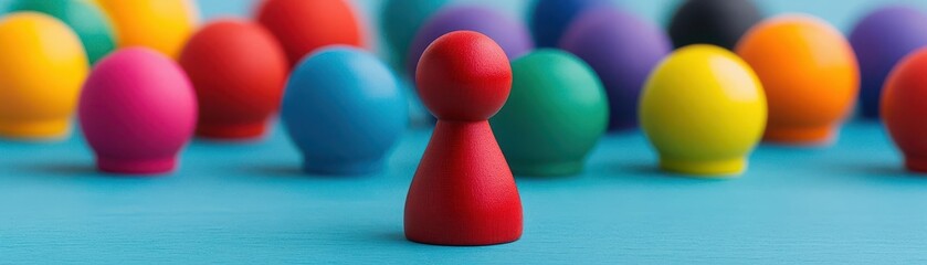 Close-up of colorful game pieces including a red pawn surrounded by blue, green, yellow, orange, and pink figures on a vibrant blue surface for board game fun