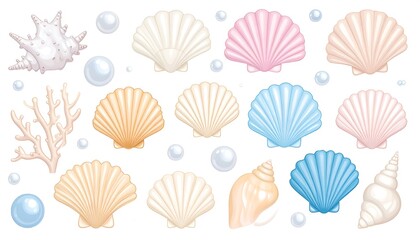 Obraz premium Colorful, illustrated collection of assorted seashells and pearly bubbles