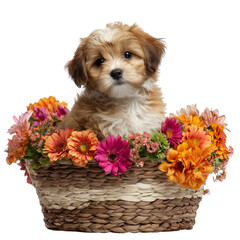 Adorable fluffy puppy dog sitting in a woven basket filled with colorful vibrant flowers isolated on transparent background