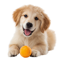 Adorable golden retriever puppy with fluffy fur playing with a small orange ball isolated on transparent background