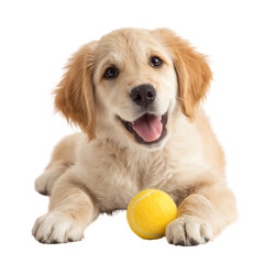 Adorable golden retriever puppy lying down with a bright yellow ball isolated on transparent background