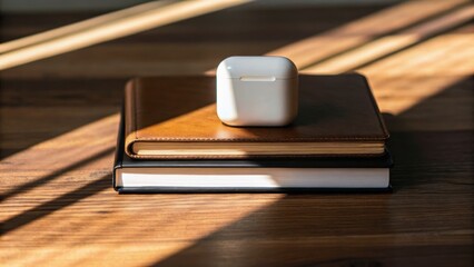 A stylish AirPods case rests on stacked notebooks under warm sunlight, creating a cozy atmosphere for productivity and creativity.