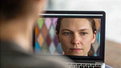 A person gazes at their reflection on a laptop screen, framed by colorful geometric patterns in the background.