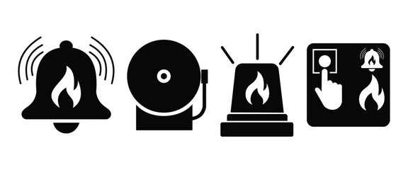 “Fire Safety Equipment Icons – Fire Alarm Bell and Extinguisher Vector Illustration”