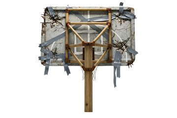 Post apocalyptic basketball hoop with a cracked concrete backboard isolated on transparent background