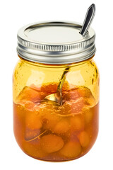 Sweet homemade apricot preserves in a glass canning jar isolated on transparent background