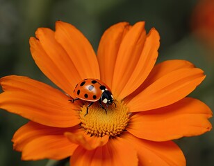 A ladybug sits on an orange flower with a blurred green background