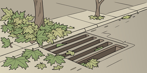 Leaves covering storm drain beside sidewalk in urban environment  