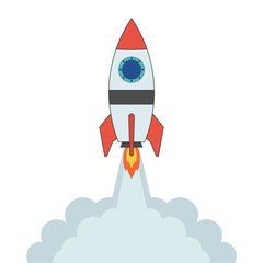 Cartoon rocket ship launching with smoke