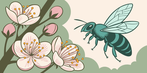 Fototapeta premium Bee flying near blooming cherry blossom flowers in pastel colors 