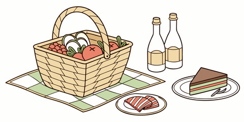 Picnic basket with fruits, drinks, and cake on checkered cloth  