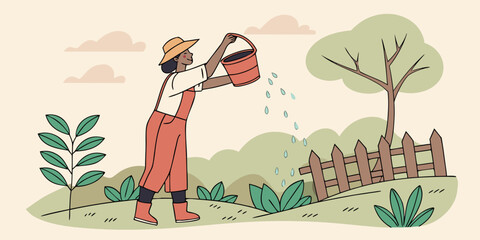 Young woman watering plants with a bucket in a garden setting  