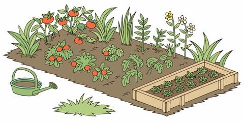 Vegetable garden patch with tomatoes, greens, and watering can