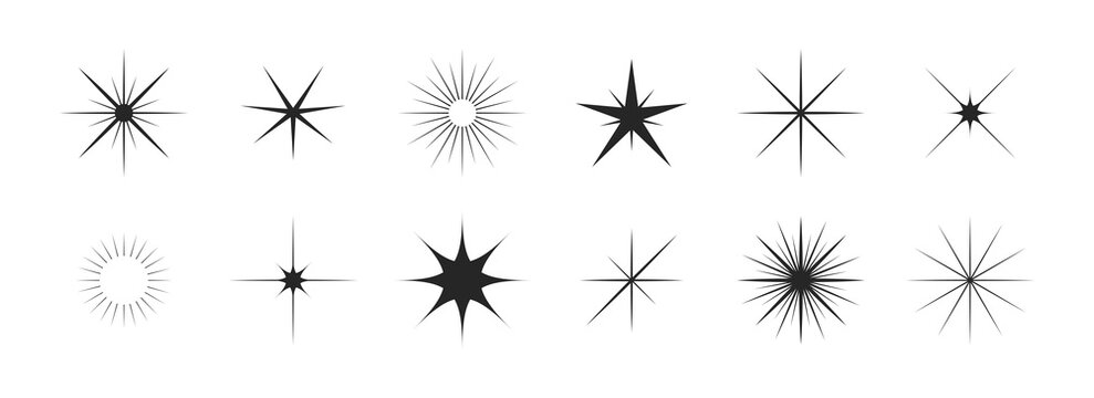 Retro sparkle stars set. Y2K abstract shapes. Brutalism star icons. Flat Vector illustration.