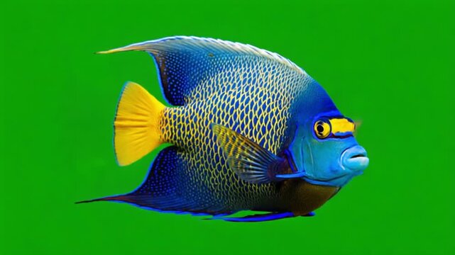 Close up of a blue and yellow angelfish swimming in front of a green colored background green screen animal video