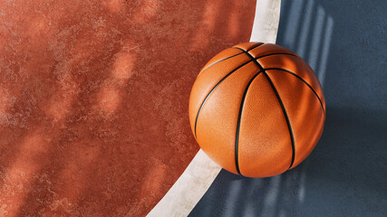 Basketball on outdoor court brown and blue surface