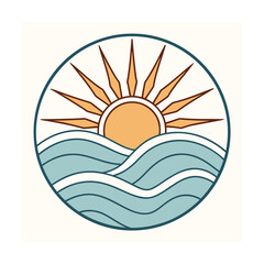 Circular Emblem of Sun Setting Over Wavy Ocean Water waves sunset