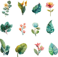 set of leaves and flowers