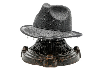 Black classic fedora hat covered with raindrops in the city isolated on transparent background