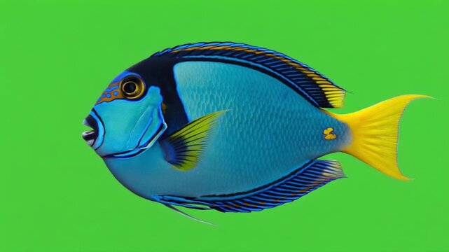 A blue fish with yellow tail and fins swimming in front of a solid green color background green screen animal video