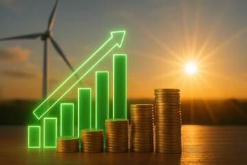Investing in renewable energy shows growth potential with coins stacked and green upward graph symbolizing financial success