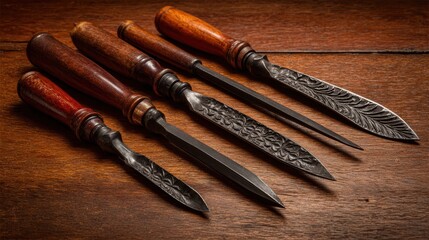 Exquisite Collection of Artisan Wood Carving Tools with Detailed Handles and Sharp Blades on Wooden Background