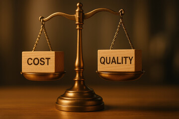 Balancing cost and quality is essential decision making, represented by wooden blocks scale. This symbolizes trade off between affordability