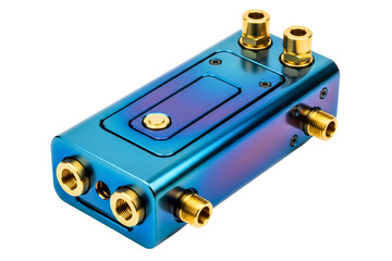 Iridescent blue mechanical manifold with golden brass fittings isolated on transparent background